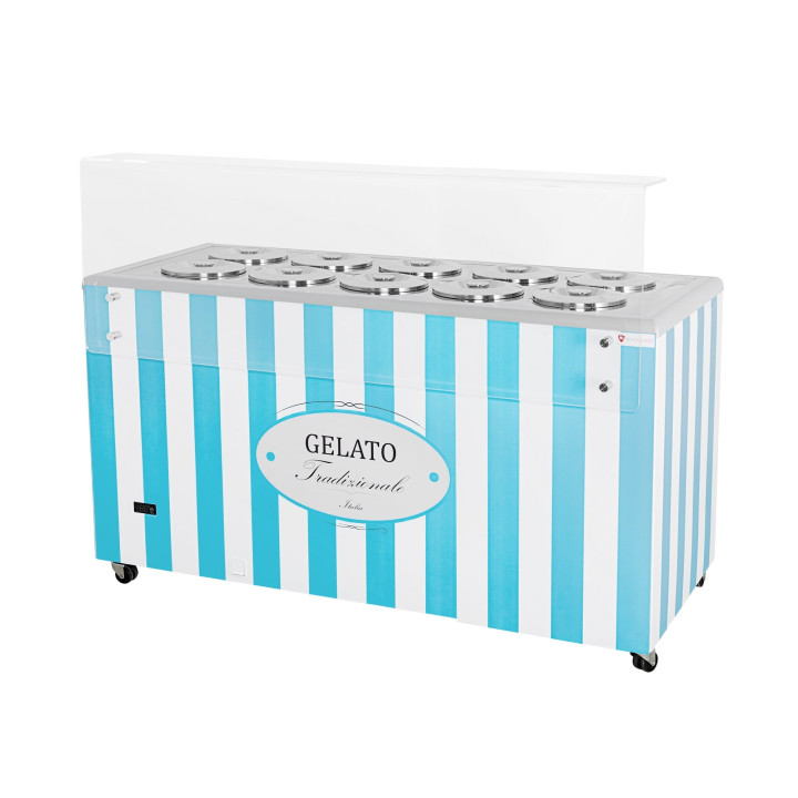 Dystrybutor do lodów | konserwator | retro | 10 tub | okrągłe kuwety | 1503x670x895 mm | GELATO POZETTI 10 BLUE