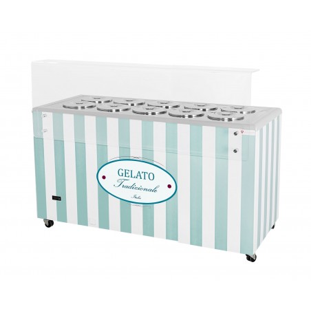 Dystrybutor do lodów | konserwator | retro | 10 tub | okrągłe kuwety | 1503x670x895 mm | GELATO POZETTI 10 PASTEL BLUE