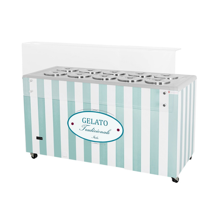 Dystrybutor do lodów | konserwator | retro | 10 tub | okrągłe kuwety | 1503x670x895 mm | GELATO POZETTI 10 PASTEL BLUE