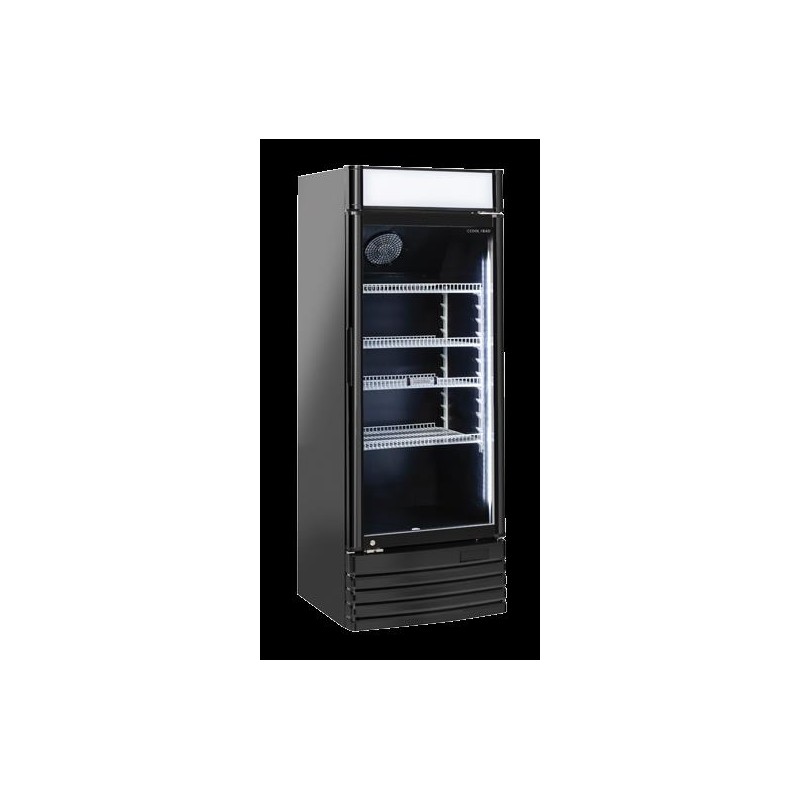 Chłodziarka na napoje Coolhead 1 drzwiowa z drzwiami szklanymi panel reklamowy  czarna 525x555x1635 Wariant podstawowy