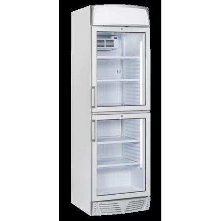 Chłodziarka na napoje Coolhead 1 drzwiowa z drzwiami szklanymi dzielonymi panel reklamowy biała 595x670x1960 Wariant podstawowy