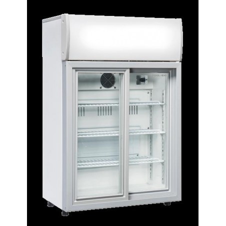 Chłodziarka na napoje Coolhead 1 drzwiowa z drzwiami szklanymi panel reklamowy biała 630x390x980 Wariant podstawowy