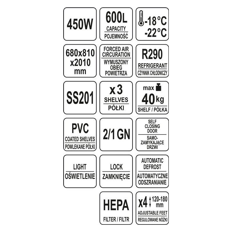 Szafa mroźnicza pojedyncza 600L obudowa nierdzewna 680x810x2010 Yato YG-05216